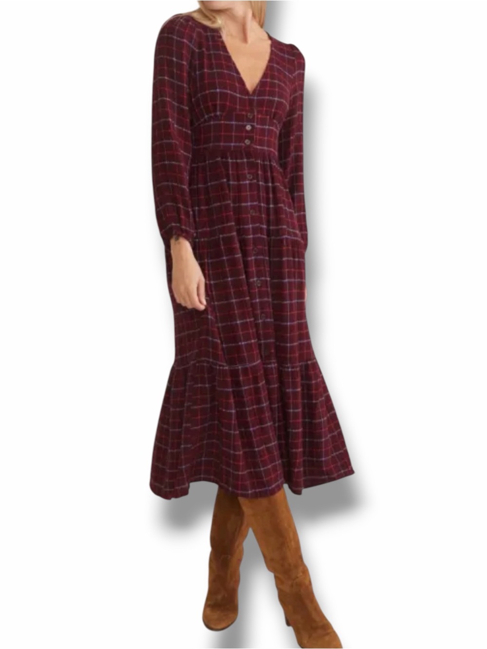 Maeve Plaid Tiered Midi Shirtdress in Merlot Windowpane Plaid Size Medium